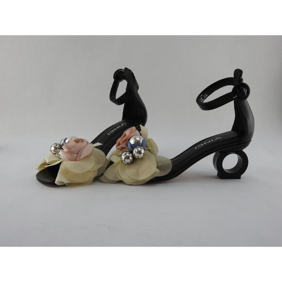 VINCI Black Leather Floral Embellished Ankle Strap Loop Heel Sandal Size 35 Turk - Picture 5 of 16